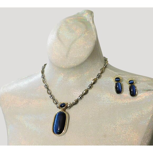 Vintage Two-Tone Necklace Blue Pendant Matching Pierced Earrings Set - Picture 1 of 11